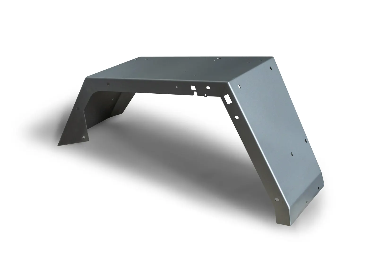 Grey powder-coated welded sheet-metal fender, studio shot on white